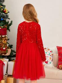 Vestido de malla tejida para niña preadolescente con cuello redondo de punto con cuentas y parches - Rojo - Ver 2