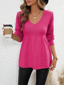 SHEIN LUNE Solid V Neck Peplum Sweater - Hot Pink - View 6