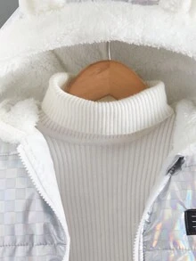 Young Boy Holographic Letter Patched Detail 3D Ear Design Hooded Zipper Thermal Lined Padded Coat Without Sweater - Silver - View 3