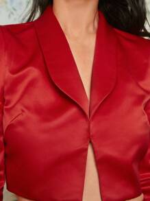 EastFlair Shawl Collar Puff Sleeve Crop Blazer - Red - View 6