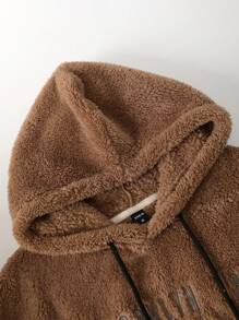 Manfinity 男士字母繡花寬鬆連肩抽繩泰迪熊連帽衫 - 駝色 - 查看 3