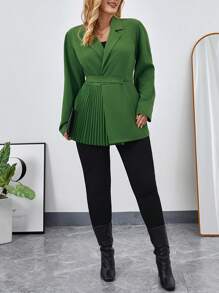 SHEIN Privé 大碼西裝領百褶細節腰帶西裝外套 - 綠色 - 查看 6