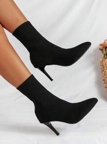 Women's Fashionable Simple & Elegant Knitted Pointed Toe High Heeled Stretch Boots - Black - View 6