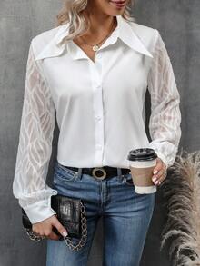 SHEIN Frenchy 網紗拼接燈籠袖前紐扣襯衫 - 白色 - 查看 4