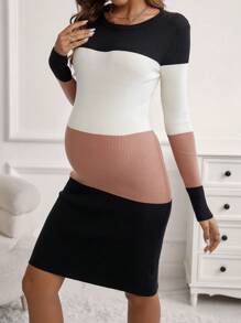 SHEIN Vestido de maternidad de punto acanalado con bloques de color y manga larga, para invierno - Multicolor - Ver 4