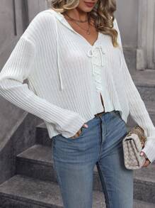 SHEIN Clasi Slouchy Front Tied Hooded Cardigan With Drop Shoulder - White - View 4