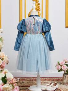 SHEIN 女小童亮片拼接羊腿袖網紗邊洋裝 - 彩色 - 查看 2
