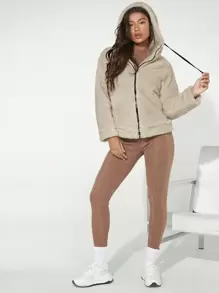 SHEIN BASICS Abrigo con capucha con cremallera unido en contraste con forro teddy - Albaricoque - Ver 3