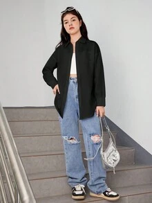 Teen Girl Drop Shoulder Pocket Patched Shirt - Black - View 5