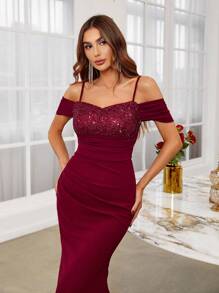 SHEIN Belle Burgundy Red Cold Shoulder Contrast Sequin Mermaid Hem Formal Dress - Burgundy - View 4