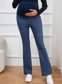 SHEIN 孕婦星星圖案牛仔喇叭褲 - 中等水洗藍 - 查看 2