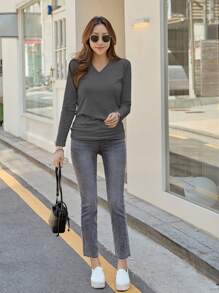 DAZY 纯色 V 领 T 恤，秋季长袖女式上衣 - 灰色 - 查看 3