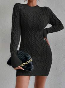 Chiquease Cable Knit Backless Sweater Dress Without Belt - Black - View 6