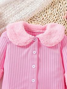 女嬰拼接毛茸茸拼塊羊絨領口前紐扣夾克和褲子 - 玫紅色 - 查看 3