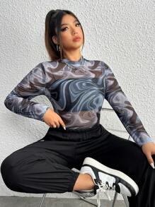 SHEIN EZwear Plus Marble Print Mock Neck Mesh Bodysuit Without Bra