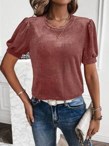 SHEIN LUNE Puff Sleeve Ribbed Knit Tee - Pink - View 4