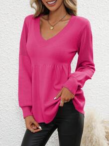 SHEIN LUNE Solid V Neck Peplum Sweater - Hot Pink - View 3