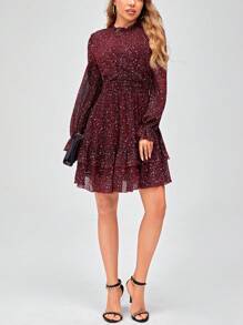 SHEIN Frenchy Flare Sleeve Ruffle Hem Dress Christmas - Burgundy - View 5