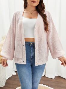 SHEIN Frenchy Plus Drop Shoulder Button Front Cardigan - Pink - View 4