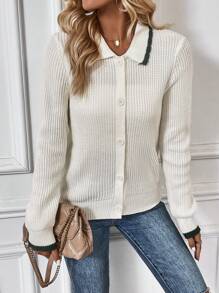 SHEIN Frenchy 拼接邊前紐扣開襟衫 - 白色 - 查看 6