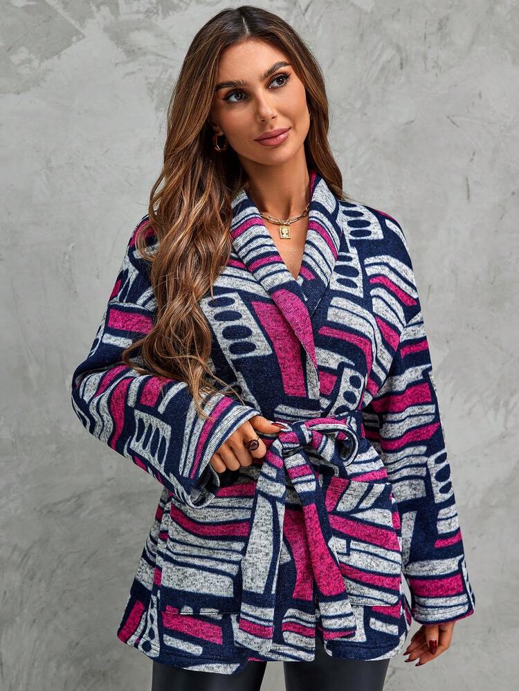 Allover Print Shawl Collar Belted Coat