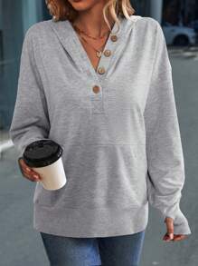 SHEIN LUNE 半排扣落肩袖連帽衫 - 灰色 - 查看 6