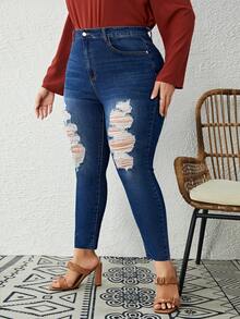SHEIN LUNE Plus High Waist Ripped Raw Cut Skinny Jeans - Blue - View 5