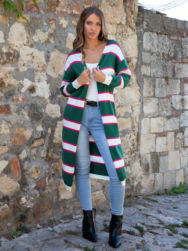 Striped Pattern Drop Shoulder Cardigan