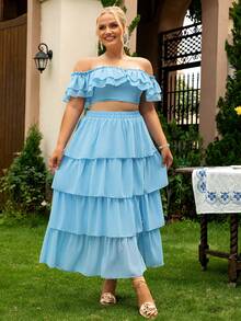 Glamaker 大碼一字肩荷葉邊上衣和裙子 - 藍色 - 查看 5