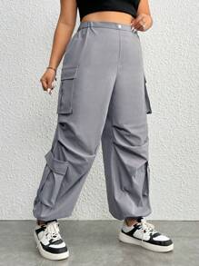 SHEIN EZwear 大碼側翻蓋口袋工裝褲 - 灰色 - 查看 3