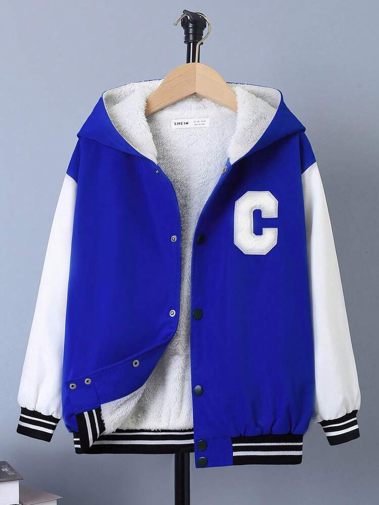 Tween Boy Letter & Cartoon Graphic Striped Trim Hooded Thermal Lined Jacket