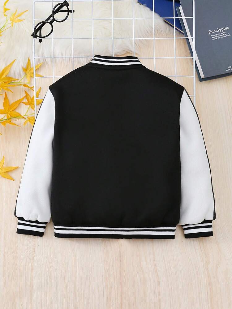 Young Boy Letter Graphic Striped Trim Thermal Lined Varsity Jacket