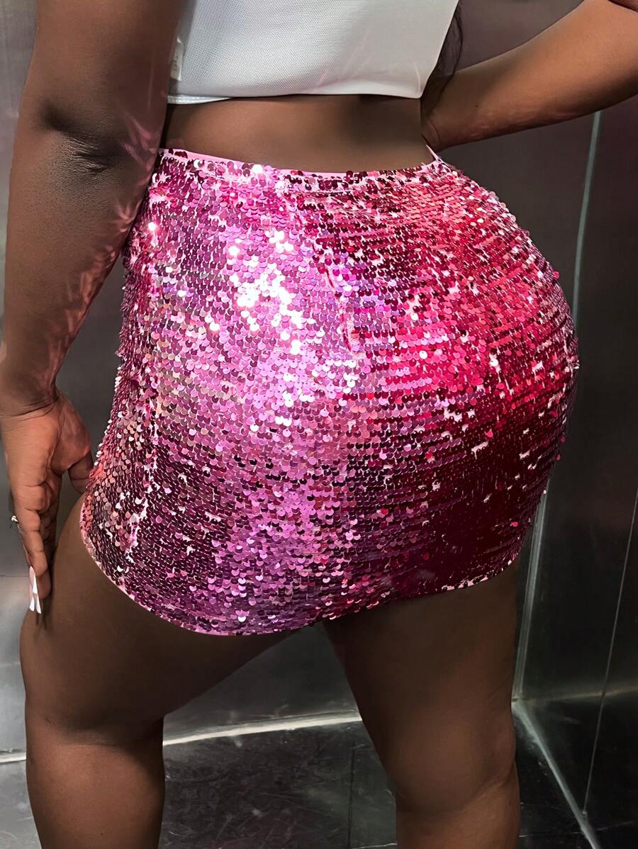 Slaydiva High Waist Sequin Bodycon Skirt - Hot Pink - View 1