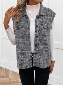 SHEIN LUNE Hoa văn kẻ sọc Chi tiết về Flap Áo khoác vest - màu đen - Xem 3