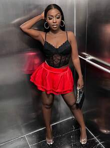 Slaydiva 高腰網紗覆蓋半身裙 - 紅色 - 查看 5