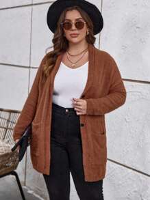 SHEIN LUNE Plus Double Pocket Drop Shoulder Cardigan - Brown - View 3