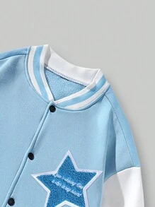 Men Star & Slogan Patched Two Tone Varsity Jacket - Blue and White - View 5