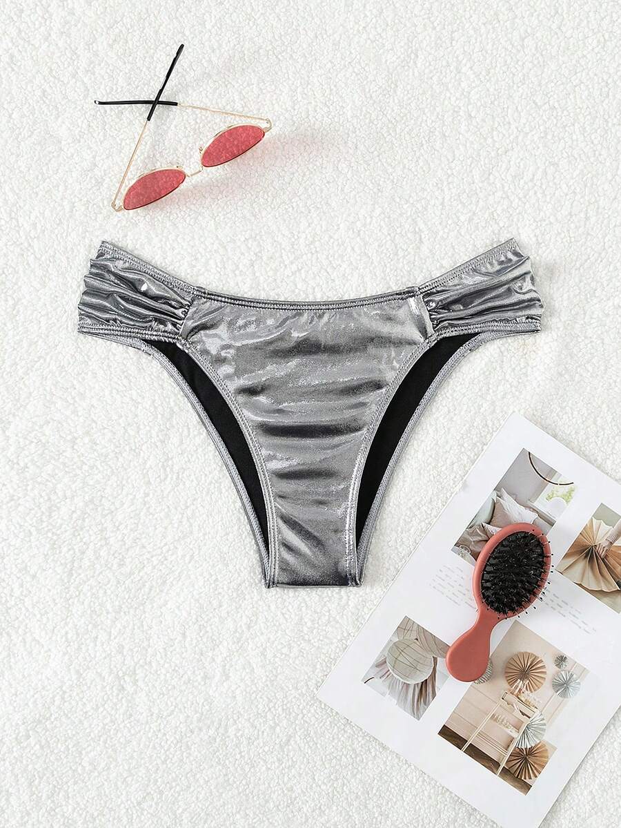 SHEIN Swim Bottom de bikini brillante fruncido lateral - Plateado - Ver 1