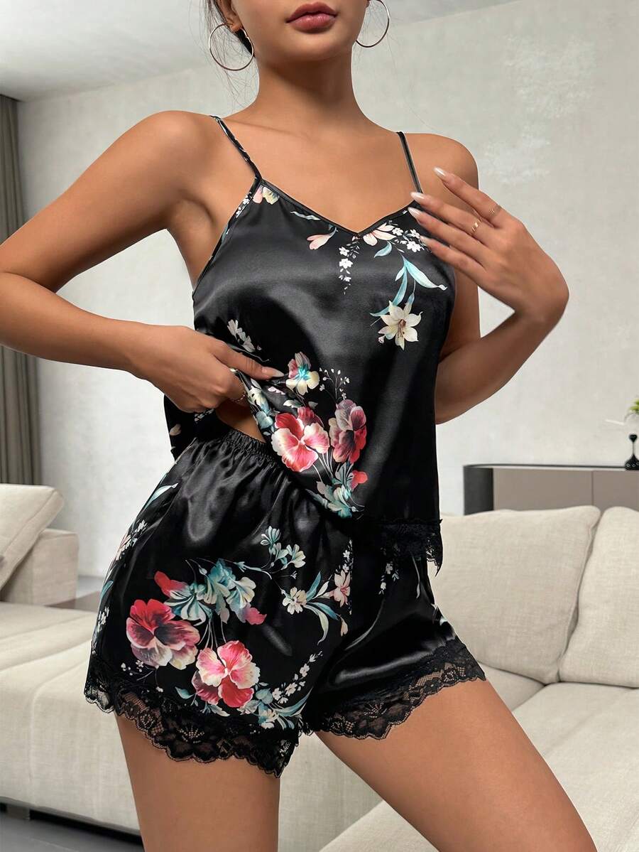 Floral Print Contrast Lace Satin PJ Set