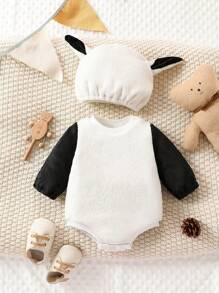 SHEIN 男嬰雙色3D耳朵設計連身背心&帽 - 彩色 - 查看 1