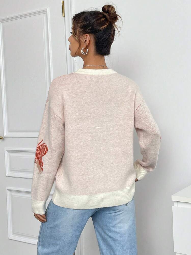 Graphic Pattern Contrast Trim Drop Shoulder Knit Pullover Fall Winter Sweater