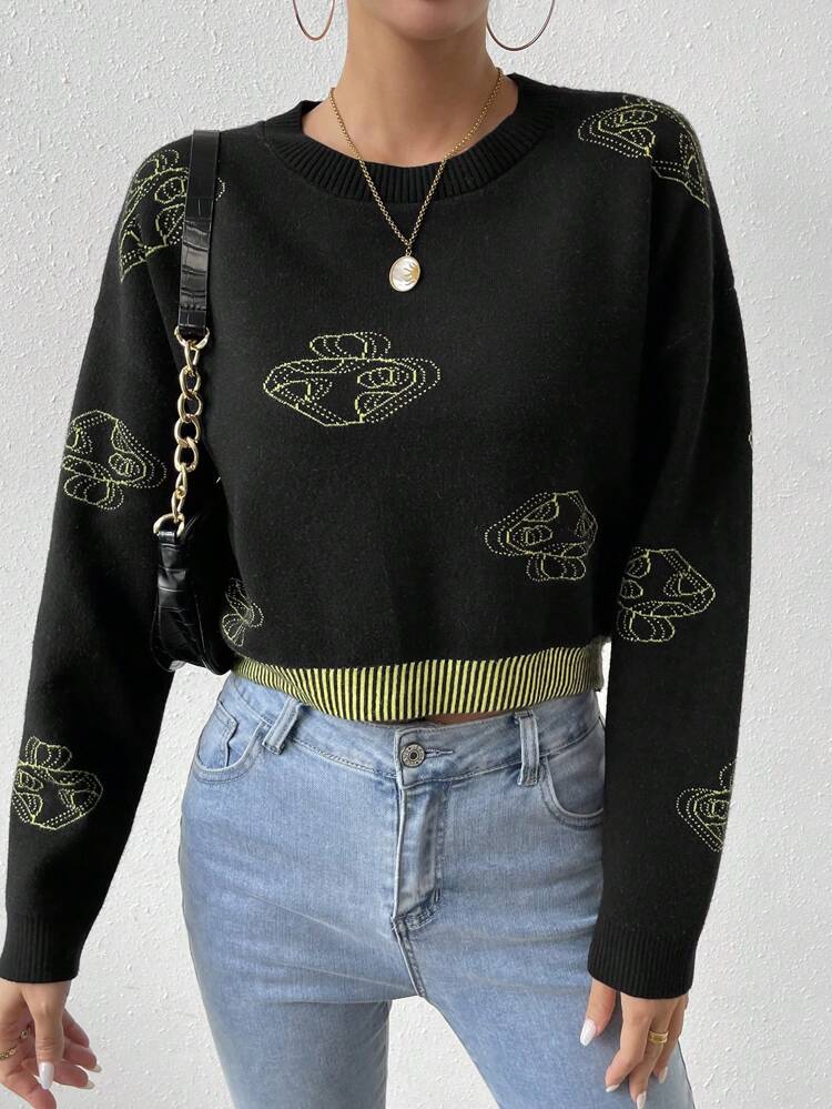 Cloud Pattern Drop Shoulder Knit Pullover Fall Winter Sweater