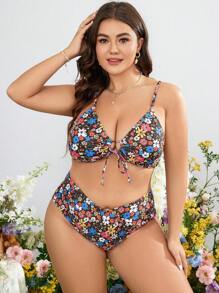 SHEIN Swim Curve Plus Bộ bikini dây rút in hoa - Nhiều màu - Xem 3