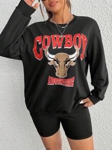 SHEIN EZwear 大碼字母圖案落肩袖運動衫 - 黑色 - 查看 1