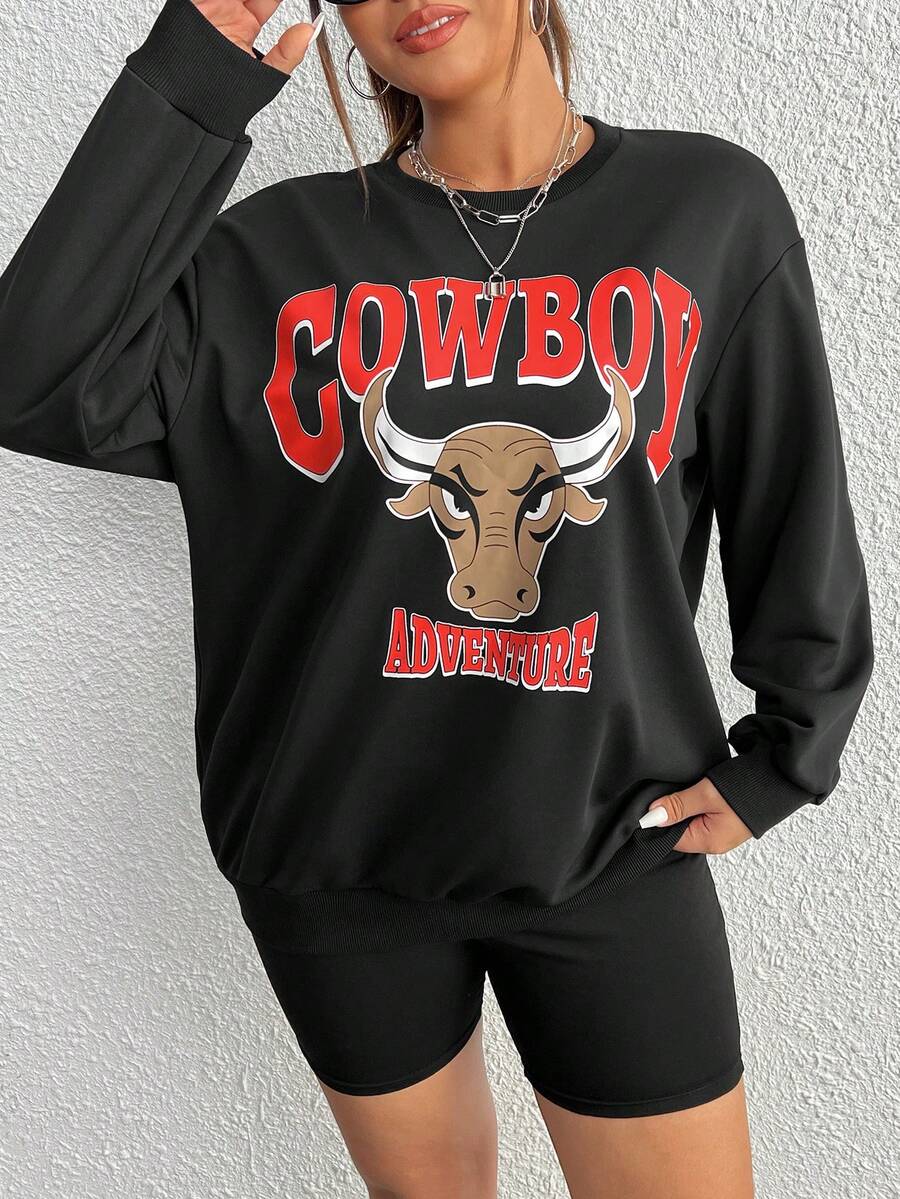 SHEIN EZwear 大碼字母圖案落肩袖運動衫 - 黑色 - 查看 1