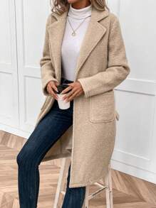SHEIN Clasi 西裝領雙口袋開門襟搖粒絨外套 - 米色 - 查看 5