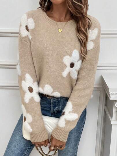 EMERY ROSE Floral Pattern Drop Shoulder Sweater,Long Sleeve Tops Knit Pullover Fall Winter Sweater
