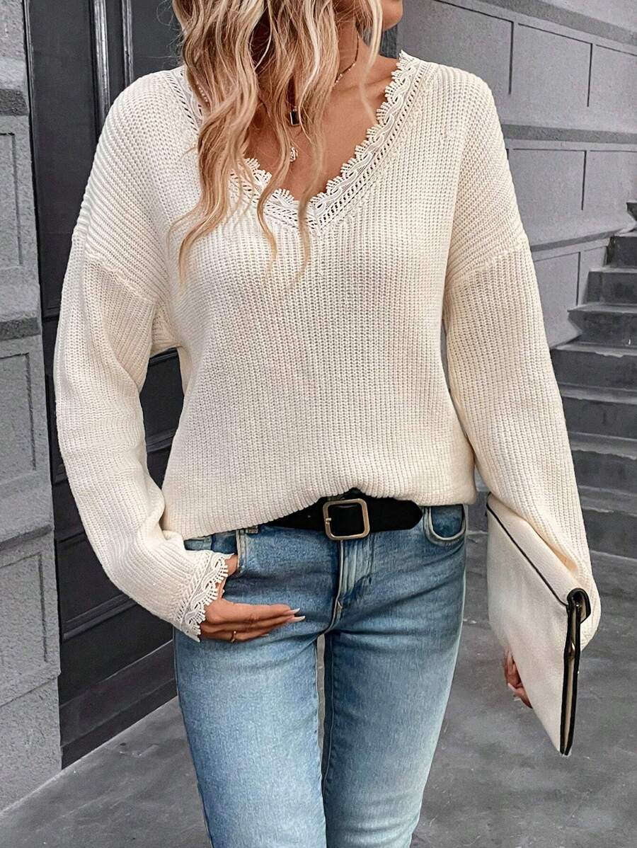 SHEIN Frenchy Guipure Lace Trim Drop Shoulder Sweater Winter Casual - Apricot - View 1