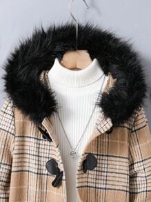 SHEIN Tween Girl 1pc Plaid Print Fuzzy Trim Hooded Duffle Coat - Multicolor - View 3