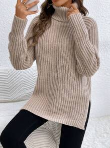 EMERY ROSE Rollkragen Raglanärmel Split Saum Pullover, Langarm Oberteil